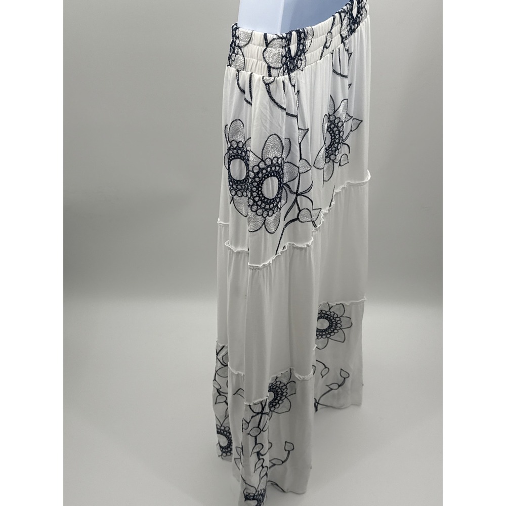Mermaid Fashion White Floral Embroidered Tiered Maxi Skirt Navy Silver Boho L - Picture 4 of 9
